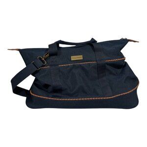 Tommy Bahama Navy Canvas Travel Duffel Bag Convertible Tote Brown Leather Trim